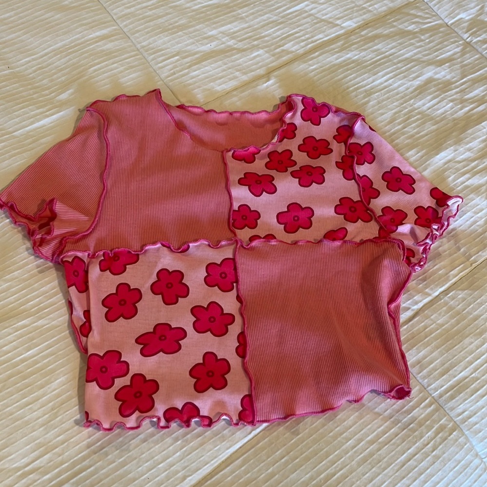 Pink girls ribbed cropped shirt, large